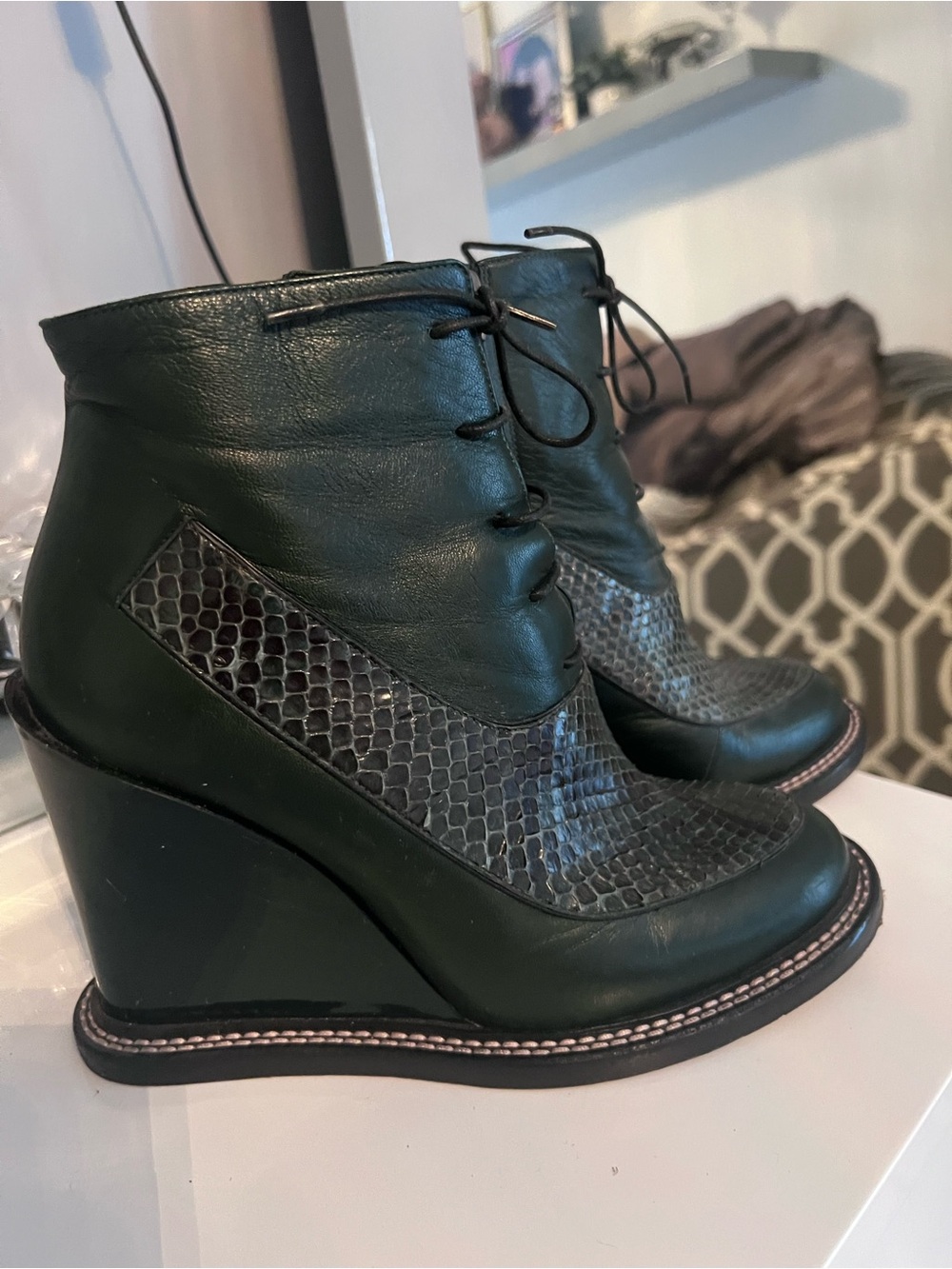 Jill Sander Women's Dark Green Wedge Ankle Boots with PaytonSnake-Texture Insets
